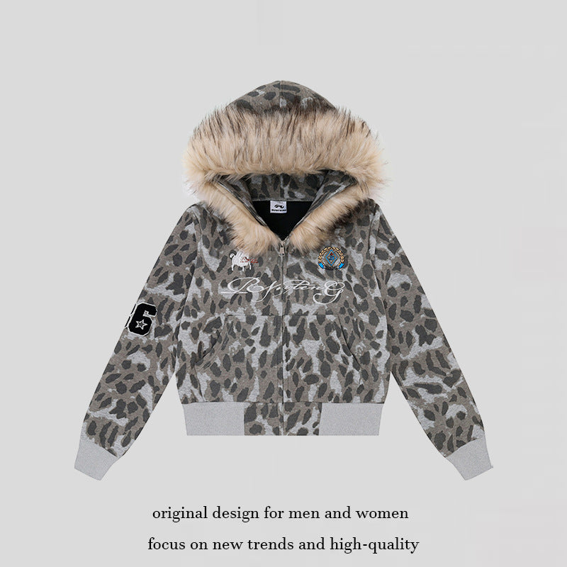 Damen Kapuzen-Sweatjacke mit Kunstfellbesatz, Leo-Allover und Reißverschluss Echoarchiv