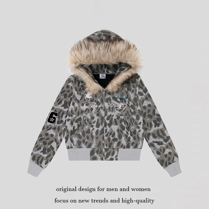 Damen Kapuzen-Sweatjacke mit Kunstfellbesatz, Leo-Allover und Reißverschluss Echoarchiv