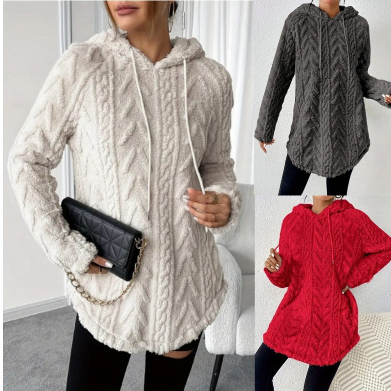Damen Kuscheliger Teddy-Hoodie mit Zopfmuster Tunnelzug und gerundetem Saum Echo Archiv