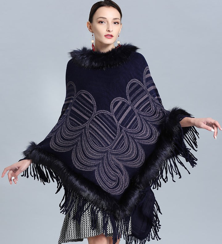 Damen Fransen‑Poncho mit Kunstfellbesatz und Jacquard‑Ruana Echo Archiv