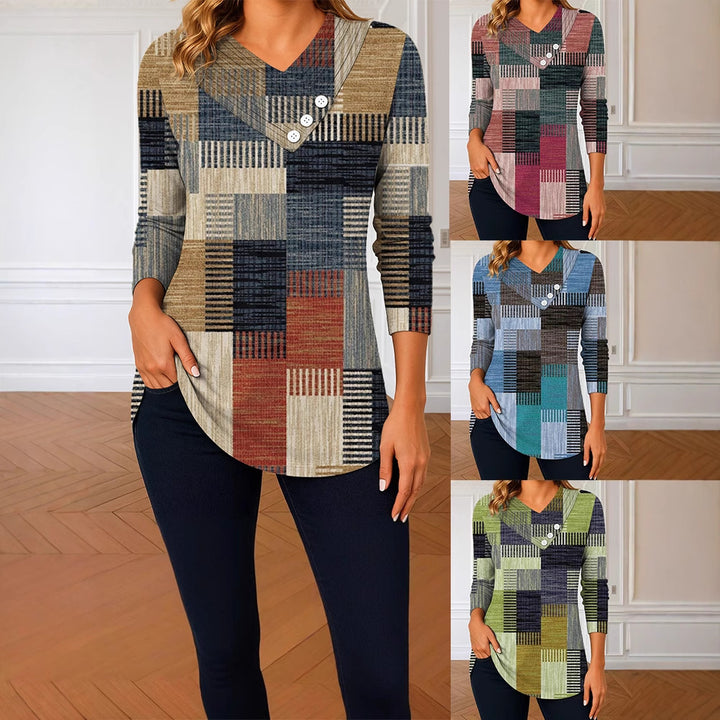 Damen Langarm-Tunika mit asymmetrischem V-Ausschnitt, Zierknopfleiste und kariertem Patchworkmuster – Avérine