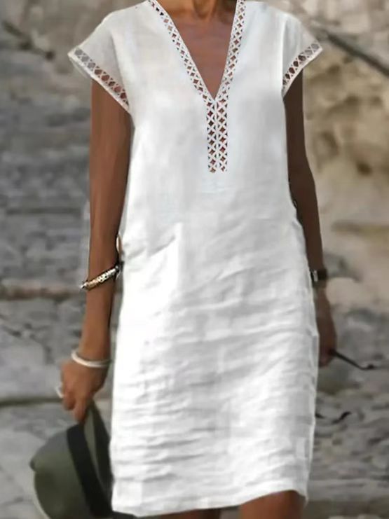 Damen nan leichtes Leinen-Kaftankleid mit V-Ausschnitt und Ajourbesatz Echo Archiv