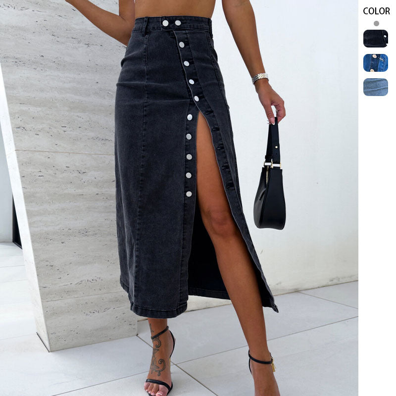 Damen nan taillenhoher Midirock aus Stretchdenim mit seitlichem Druckknopf-Schlitz und figurbetonter Passform Echo Archiv