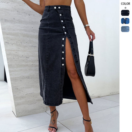 Damen nan taillenhoher Midirock aus Stretchdenim mit seitlichem Druckknopf-Schlitz und figurbetonter Passform Echo Archiv