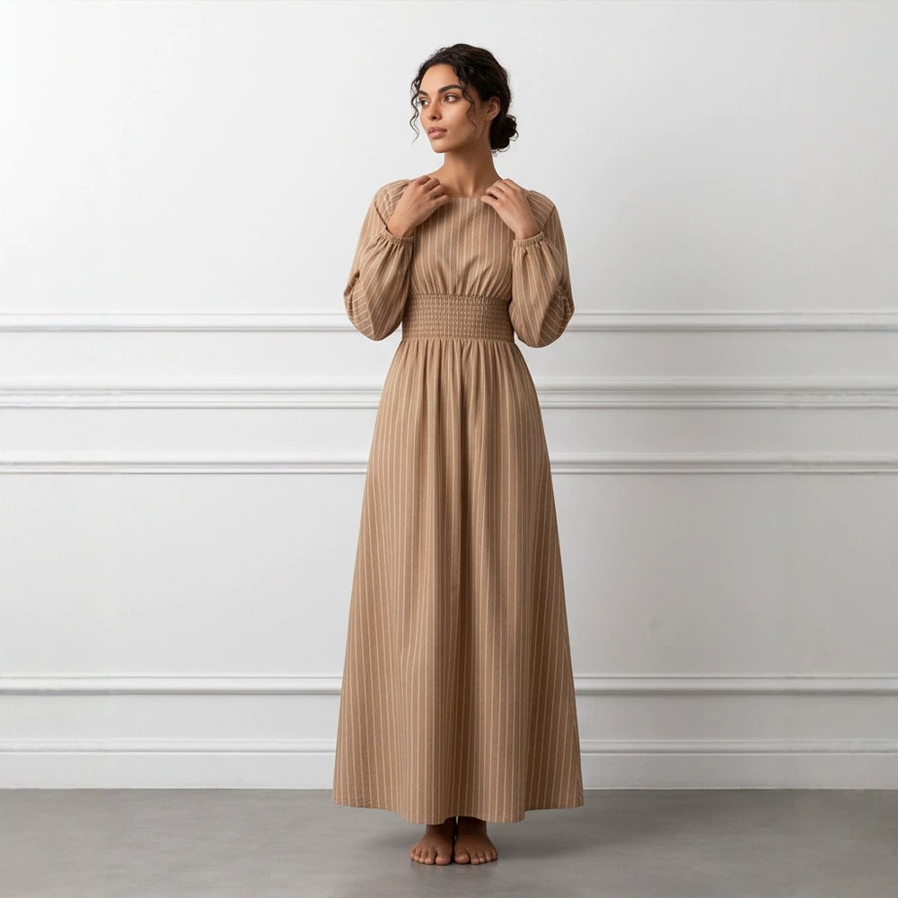 Damen Maxikleid mit Smok-Taillenband, Quadrat-Ausschnitt und langen Ballonärmeln Echoarchiv