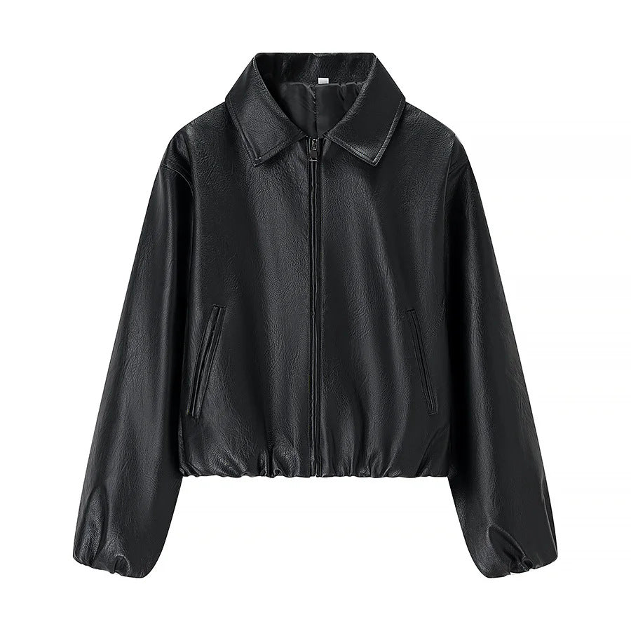 Damen cropped Glanz-Kunstlederjacke im Bomberstil mit Hemdkragen und elastischem Saum – Avenza