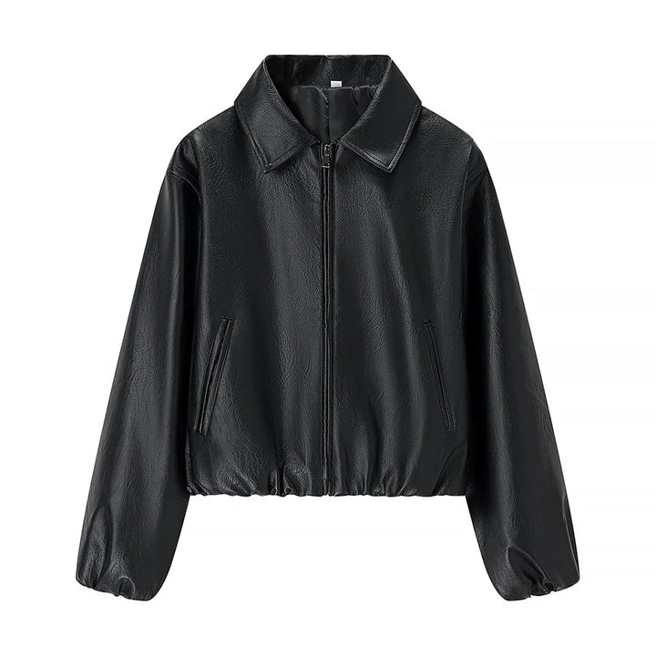Damen cropped Glanz-Kunstlederjacke im Bomberstil mit Hemdkragen und elastischem Saum – Avenza