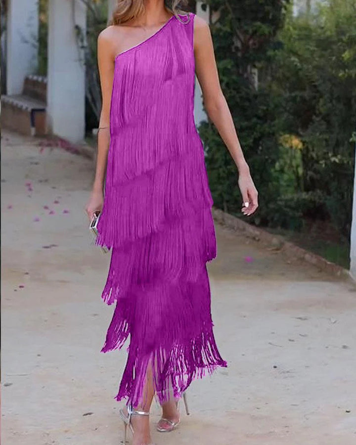 Damen Fransen Maxikleid mit asymmetrischem Schnitt und elegantem Detail Echo Archiv