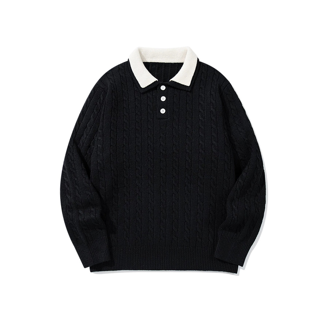 Unisex Polo-Strickpullover mit Zopfstrick und Kontrastkragen Echoarchiv