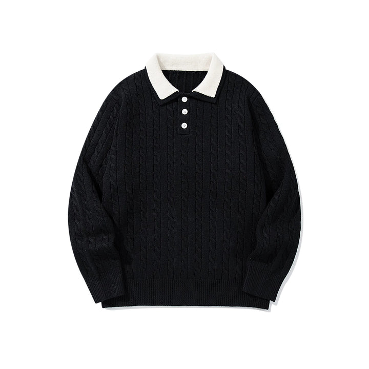 Unisex Polo-Strickpullover mit Zopfstrick und Kontrastkragen Echoarchiv