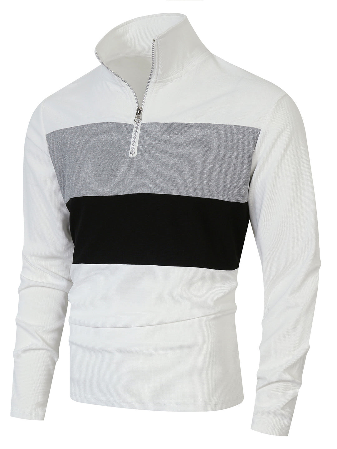 Herren Halbzip-Pullover mit Stehkragen, breitem Blockstreifen und fein gerippter Struktur – Norvane
