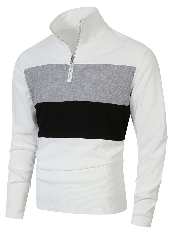 Herren Halbzip-Pullover mit Stehkragen, breitem Blockstreifen und fein gerippter Struktur – Norvane