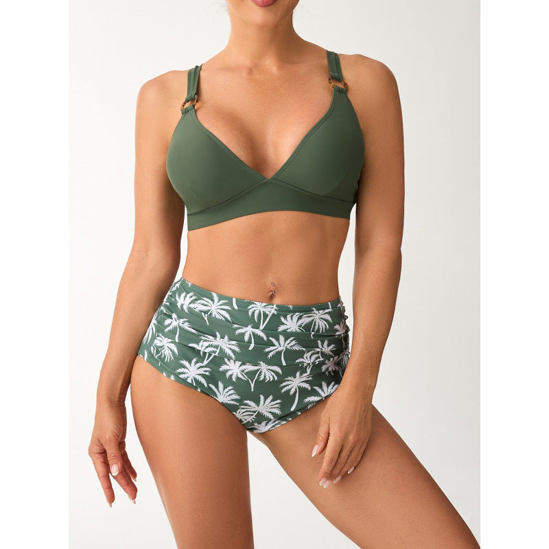 Damen Bikini-Set mit hohem Bund und modischem Palmendruck Echo Archiv