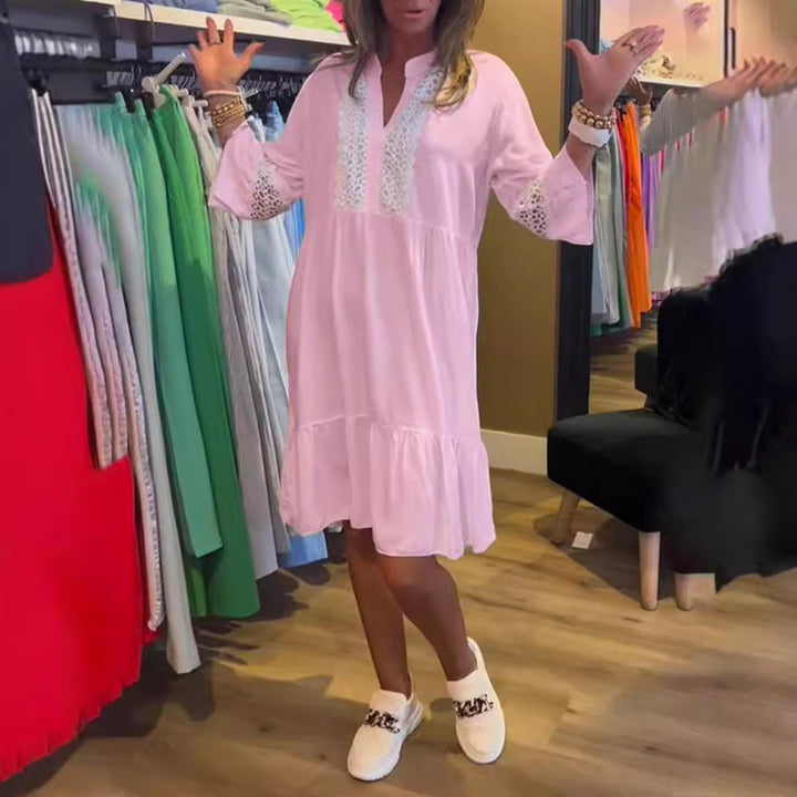 Damen nan lockeres Babydoll-Tunikakleid mit Spitzenpasse, V-Ausschnitt, Stehkragen und Stufenvolant Echo Archiv