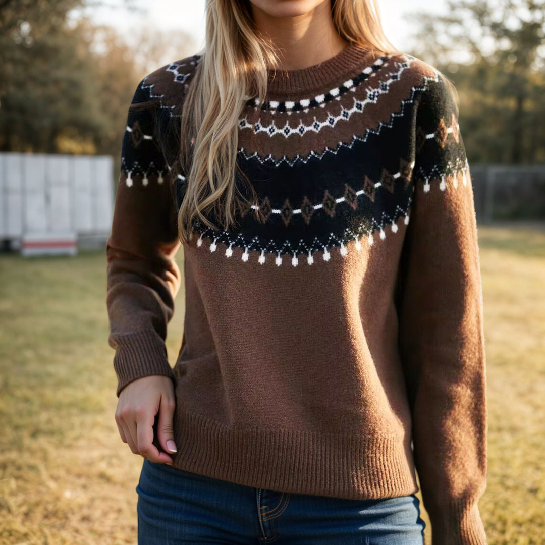 Damen nan Norweger-Pullover mit Rundhalsausschnitt, Jacquard-Yoke und weichem Feinstrick Echo Archiv