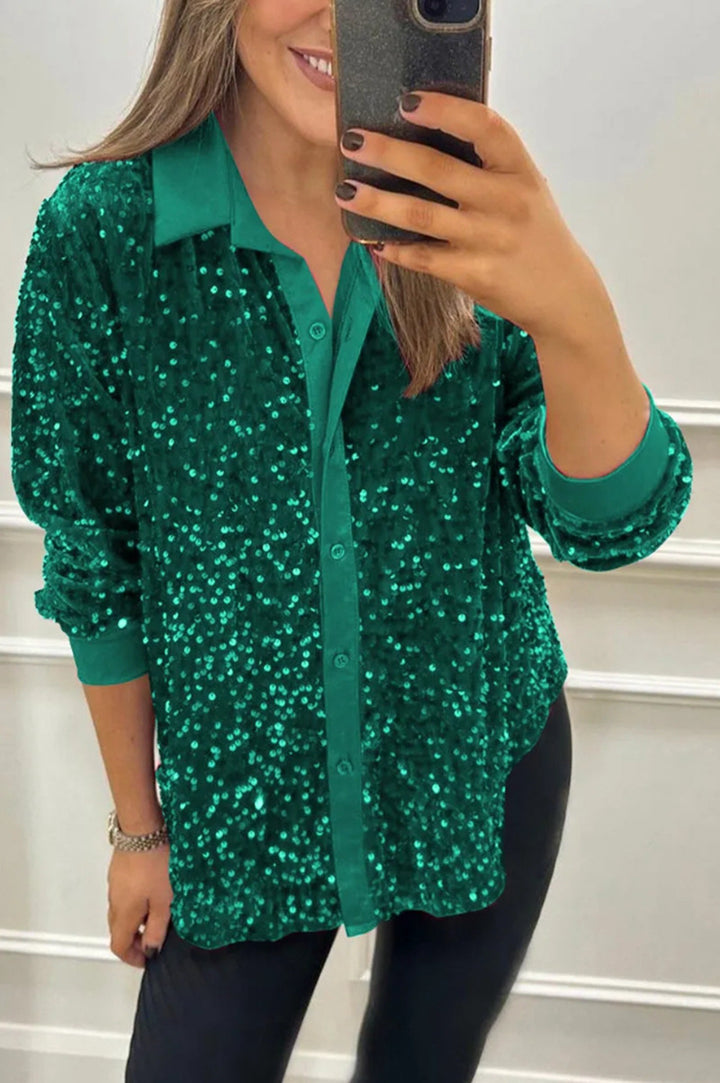 Damen nan glitzernde Pailletten-Hemdbluse mit Kragen, Knopfleiste und elastischen Manschetten Echo Archiv
