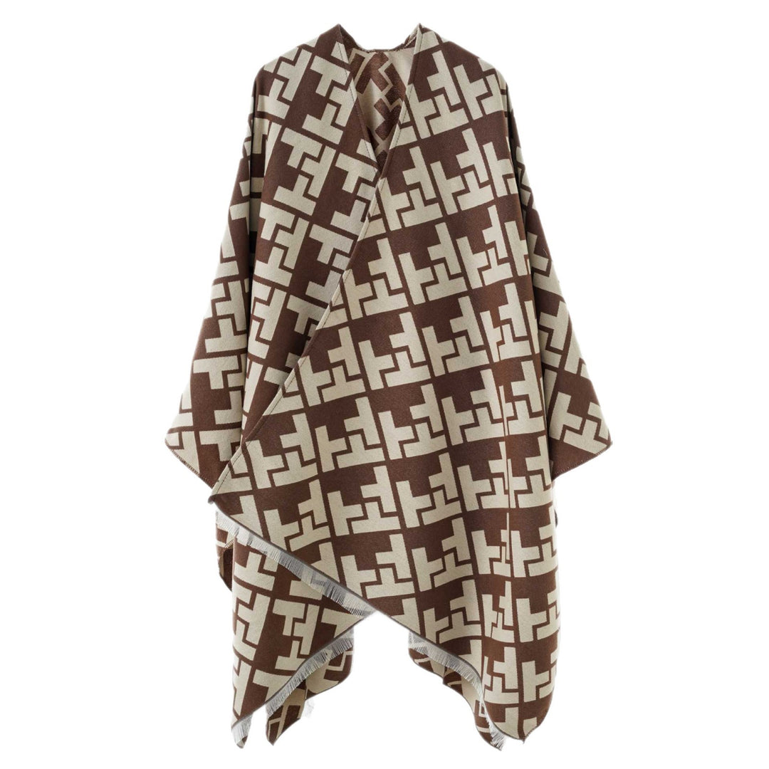 Damen Oversize-Cape mit geometrischem Jacquard und Fransensaum – Avérine