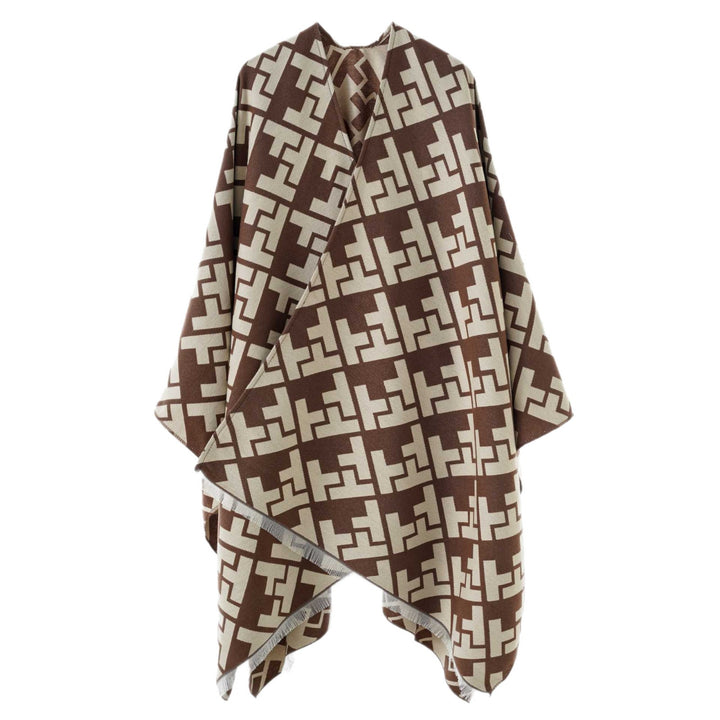 Damen Oversize-Cape mit geometrischem Jacquard und Fransensaum – Avérine