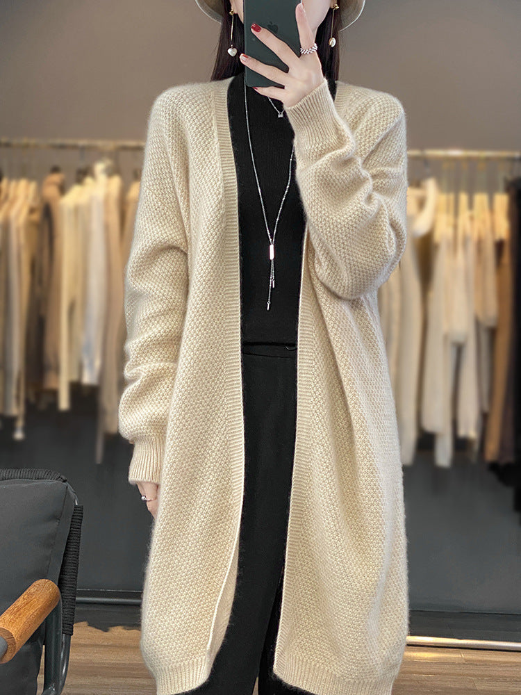 Damen Langer Offener Strickcardigan mit Samenmuster und gerippten Abschlüssen Echoarchiv