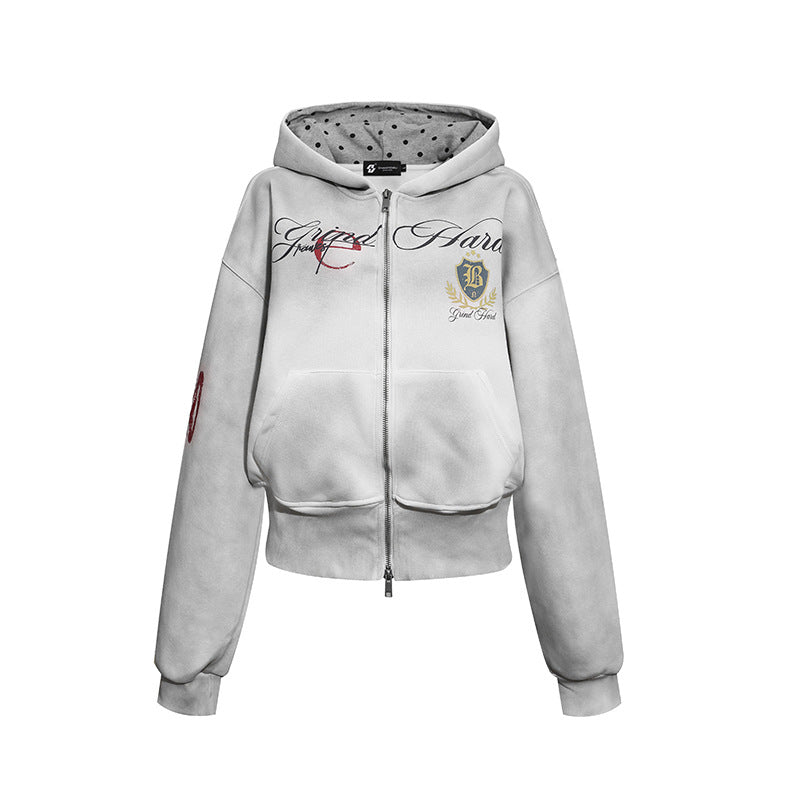 Damen Kurz geschnittene Zip-Hoodie aus French Terry mit gepunkteter Kapuzenfütterung und Wappen-Stick Echoarchiv