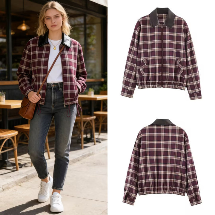 Damen Karierte Blousonjacke mit kontrastierendem Lederkragen und elastischem Saum Echo Archiv