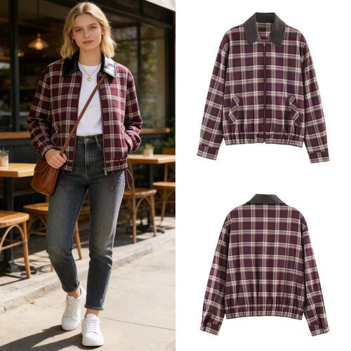 Damen Karierte Blousonjacke mit kontrastierendem Lederkragen und elastischem Saum Echo Archiv