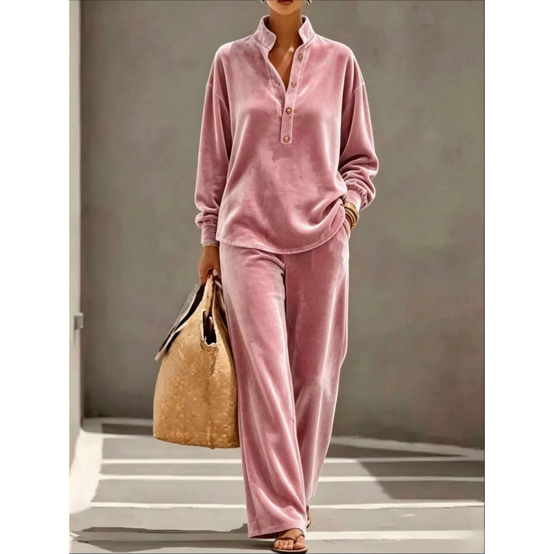 Damen Velours-Loungewear-Set mit Stehkragen-Henleytop und weiter Palazzohose Echoarchiv