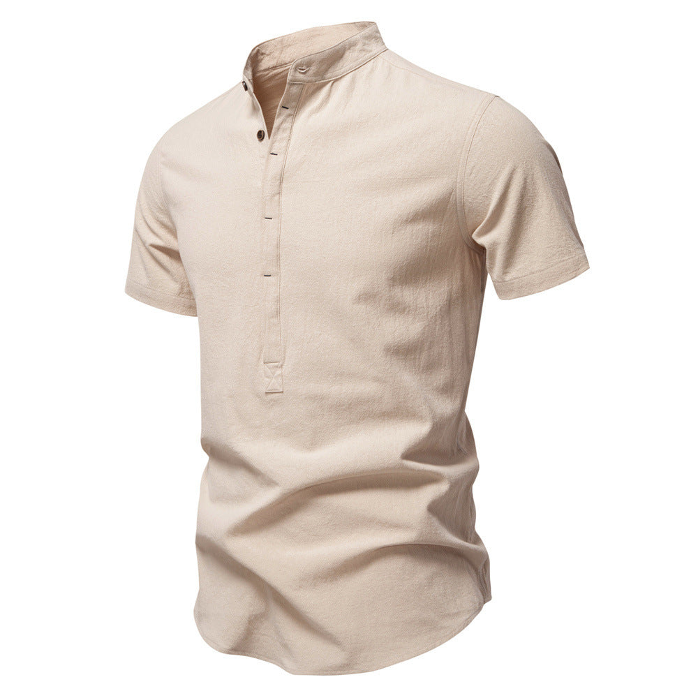Herren nan lässiges Kurzarmshirt mit Stehkragen, halber Knopfleiste und leicht strukturierter Baumwoll-Leinen-Qualität Echo Archiv