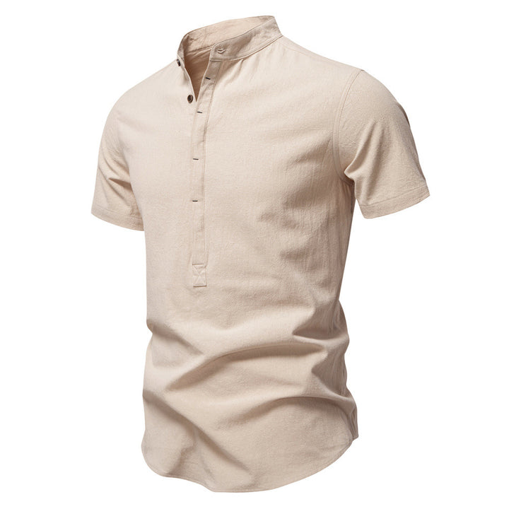 Herren nan lässiges Kurzarmshirt mit Stehkragen, halber Knopfleiste und leicht strukturierter Baumwoll-Leinen-Qualität Echo Archiv