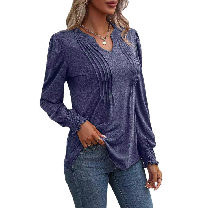 Damen nan Langarmshirt mit V-Ausschnitt, dekorativen Kellerfalten vorn und elastischen Smokbündchen Echo Archiv