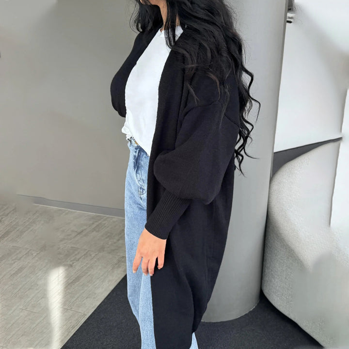Damen Oversize-Longcardigan mit Volumenärmeln, offener Front und Eingrifftaschen Echoarchiv
