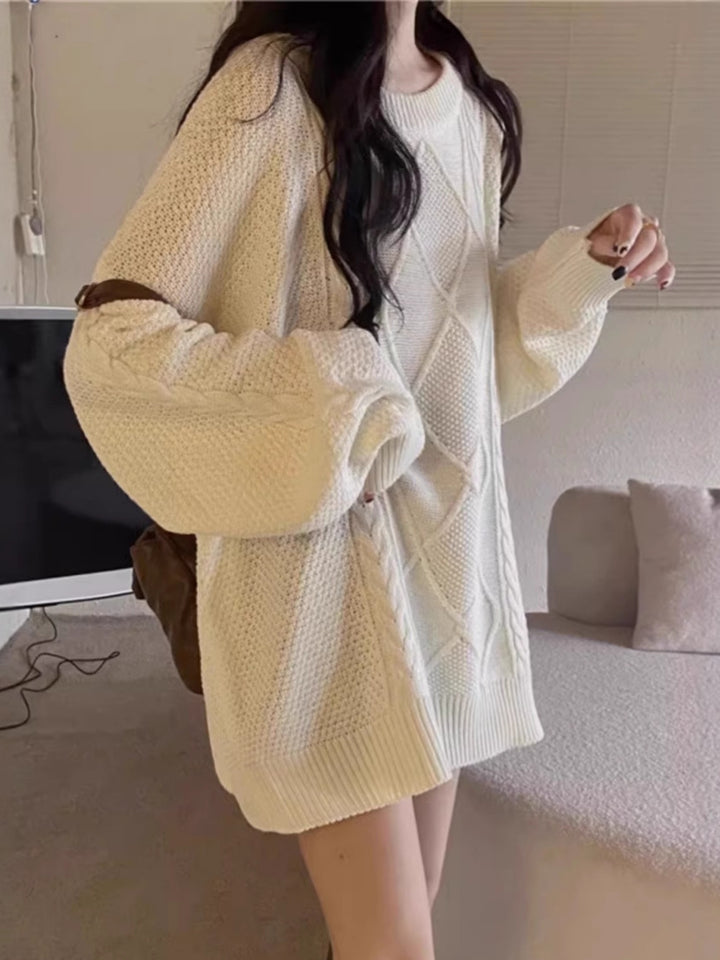 Damen Oversize Zopfmuster-Longpullover mit Rundhals und Ballonärmeln Echoarchiv