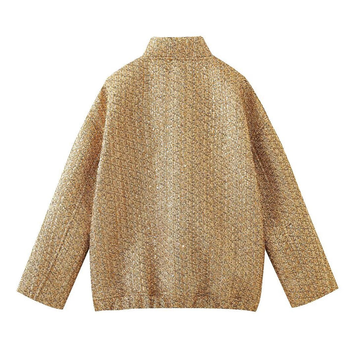 Damen kastige Tweedjacke mit kurzem Stehkragen, verdeckter Front und aufgesetzten Pattentaschen – Célinea