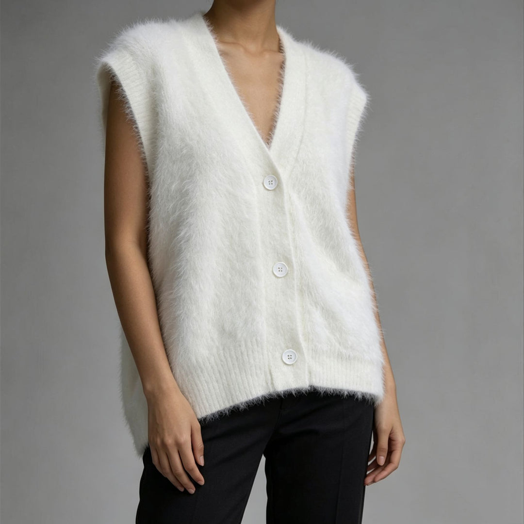 Damen Flauschige ärmellose Knopf‑Weste aus Mohairmix mit tiefem V-Ausschnitt – Veloura