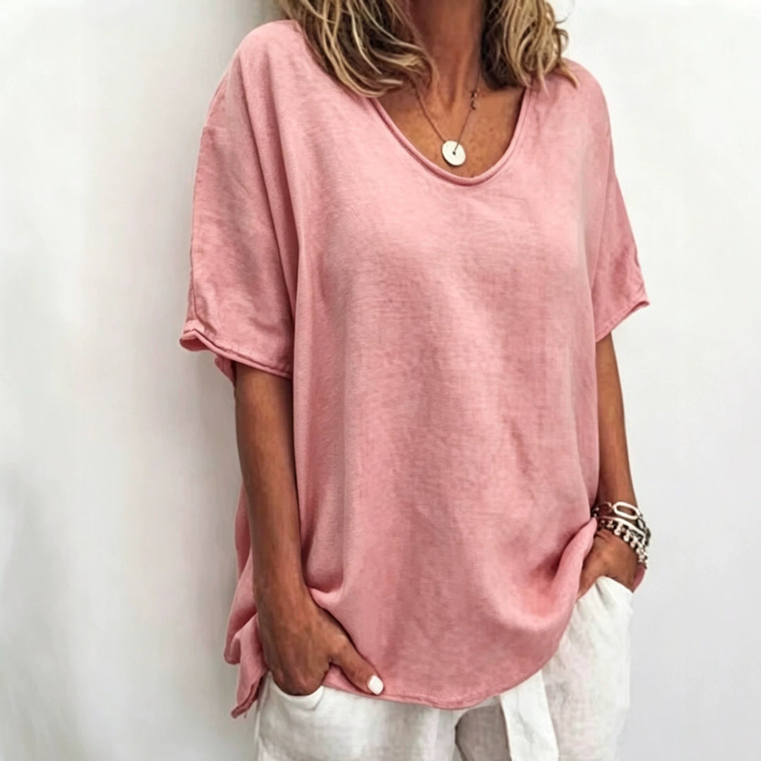 Damen nan weit geschnittenes Leinenmix-Relaxshirt mit Rundhalsausschnitt, überschnittenen Ärmeln und seitlichen Schlitzen Echo Archiv