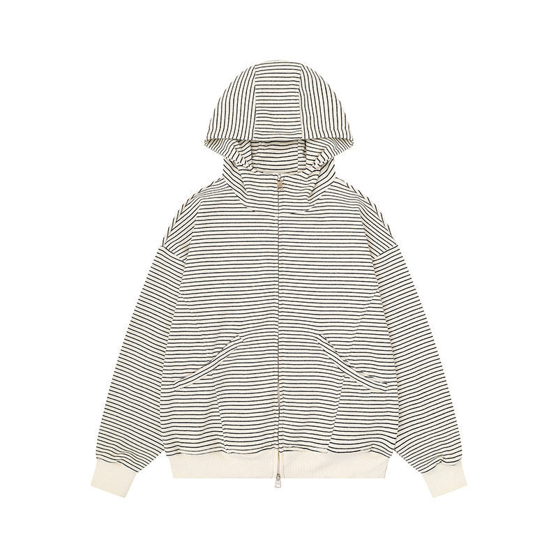 Unisex Gestreifte Kapuzen-Sweatjacke mit Reißverschluss und Kängurutaschen Echoarchiv