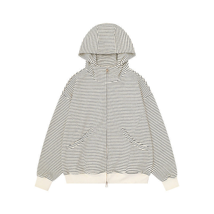 Unisex Gestreifte Kapuzen-Sweatjacke mit Reißverschluss und Kängurutaschen Echoarchiv