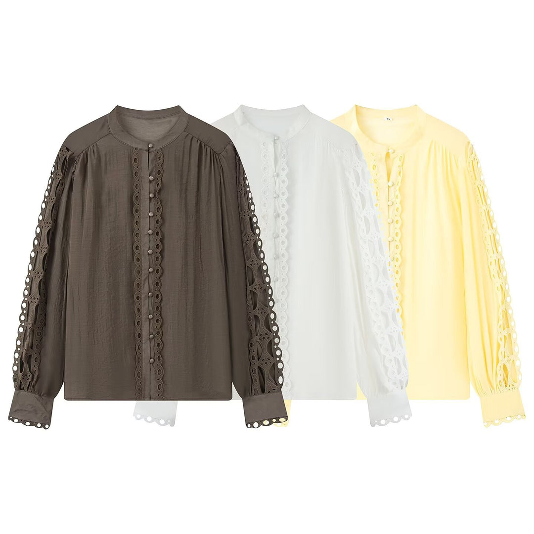 Damen Bluse mit Spitzen‑Cutouts, feiner Knopfleiste und Ballonärmeln Echoarchiv