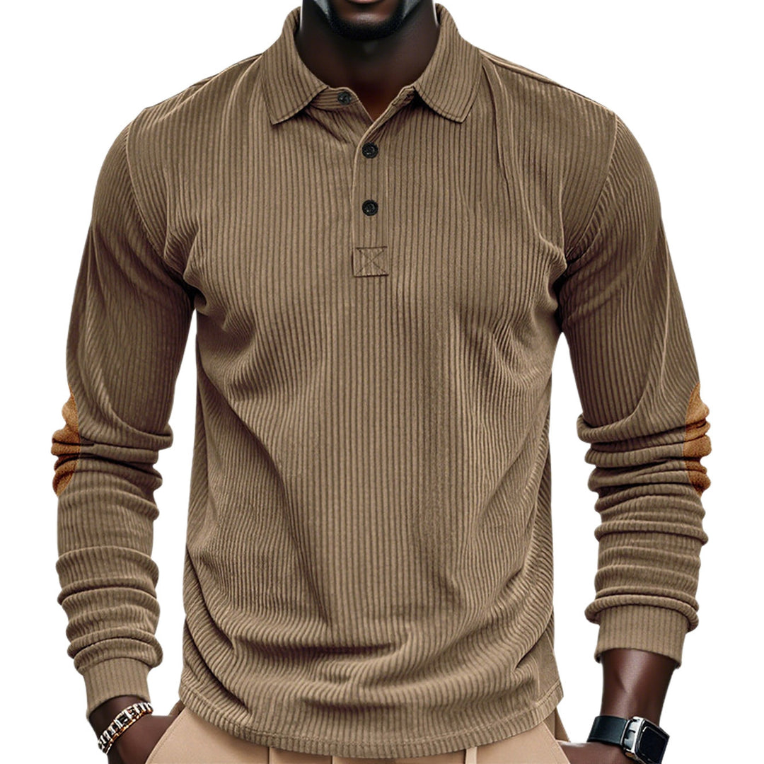Herren nan geripptes Langarm-Poloshirt mit Henley-Knopfleiste und veloursähnlichen Ellbogenpatches Echo Archiv