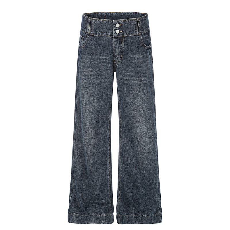 Damen High-Waist Weite Palazzo-Jeans mit Doppelknopf und ausgestelltem Bein Echoarchiv