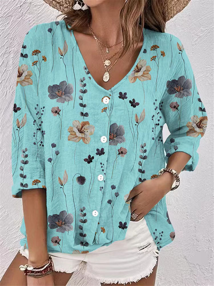 Damen Bluse mit Floralem Druck und Modernem Knopfdesign Echoarchiv