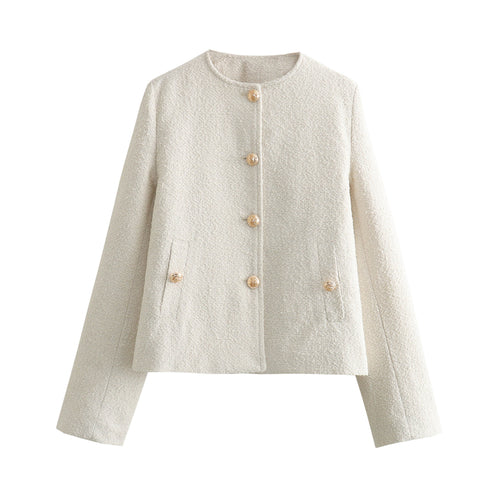 Damen Kurzgeschnittene Bouclé‑Tweedjacke mit Rundhalsausschnitt, Zierknöpfen und Pattentaschen Echo Archiv