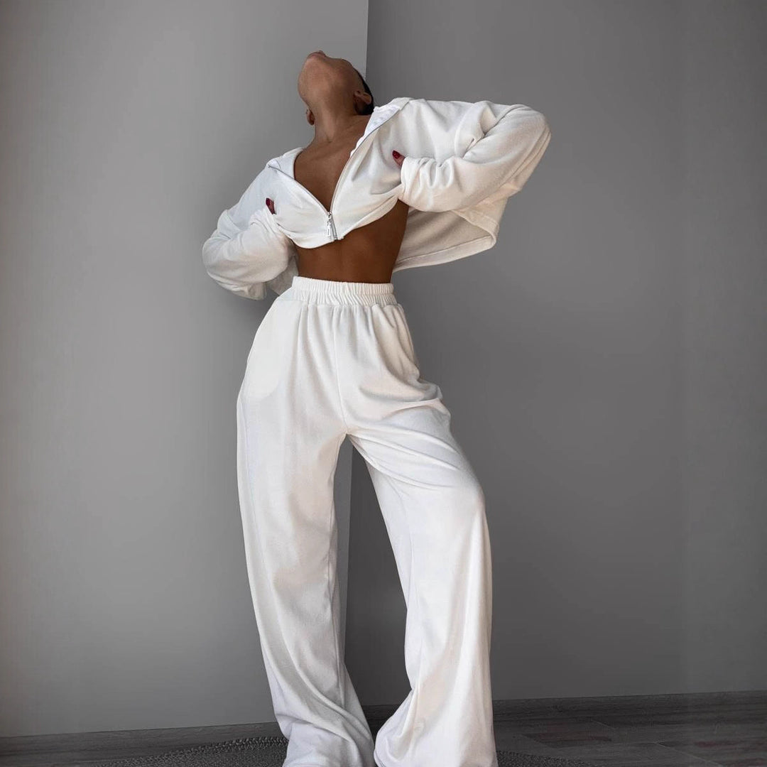 Damen kurzes Samt-Cropped-Zipshirt mit weitem High‑Waist Palazzo‑Hose Zweiteiler – Élanora