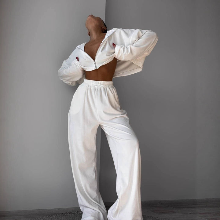 Damen kurzes Samt-Cropped-Zipshirt mit weitem High‑Waist Palazzo‑Hose Zweiteiler – Élanora