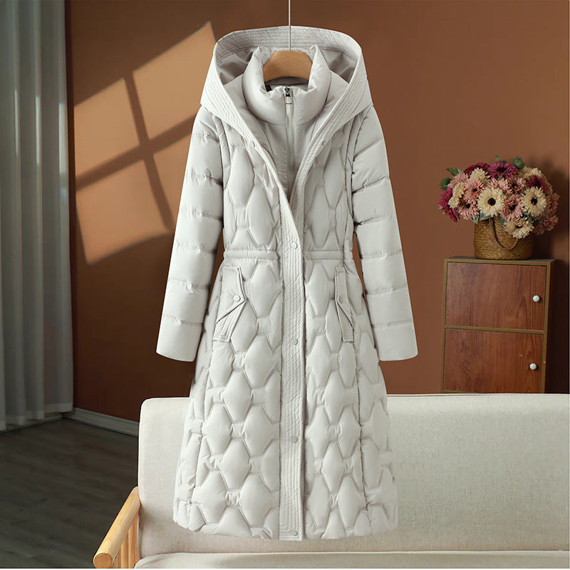 Damen nan langer gesteppter Mantel mit Wabenquilt, Kapuze und taillierter A-Linie Echo Archiv