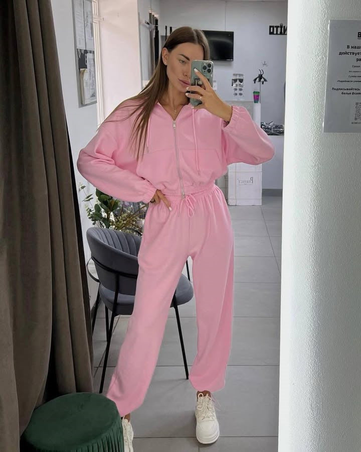 Damen kurzes Reißverschluss-Hoodie mit elastischem Bund und High-Waist Jogginghose aus Baumwollmix – Auréline