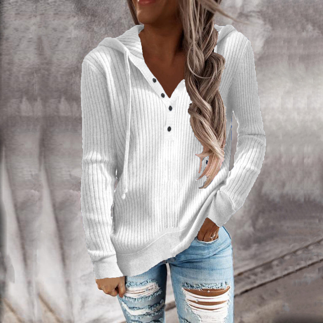 Damen Lässiger gerippter Hoodie-Pullover mit Henley-Knopfleiste und Tunnelzug Echoarchiv