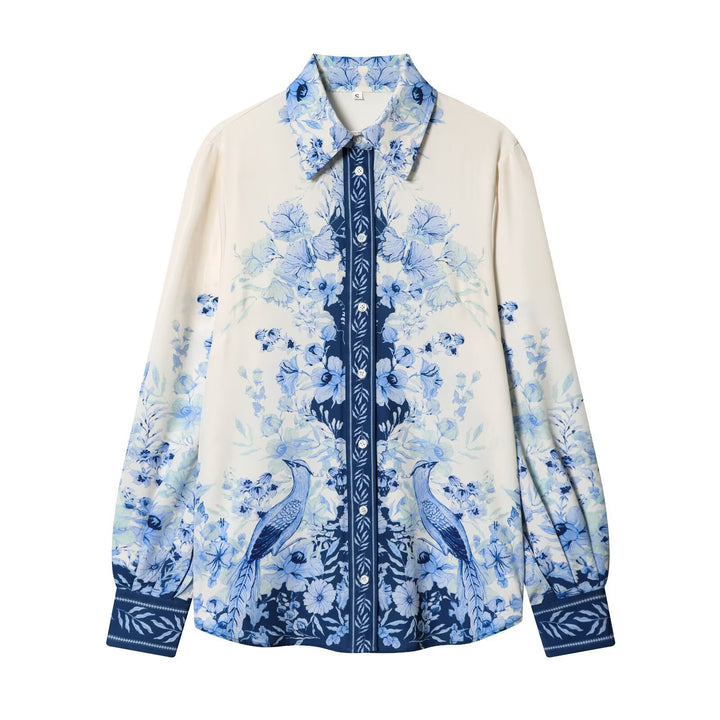 Damen Geblümte Oversize‑Seidenoptik‑Bluse mit Borderprint Echoarchiv