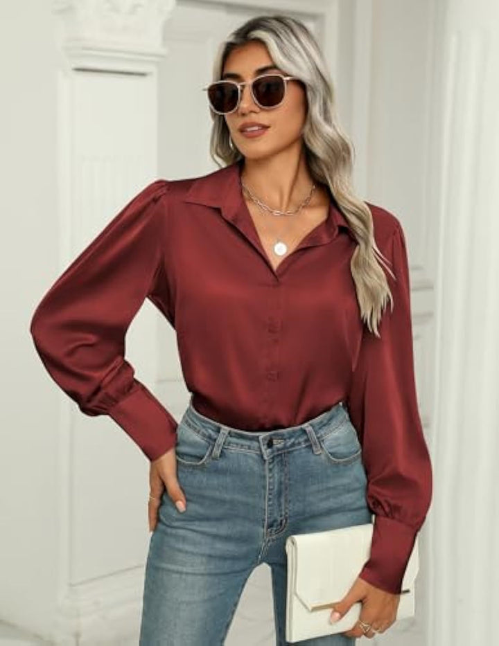 Damen Seidenoptik-Bluse mit Hemdkragen, verdeckter Knopfleiste und langen Manschetten – Élovi