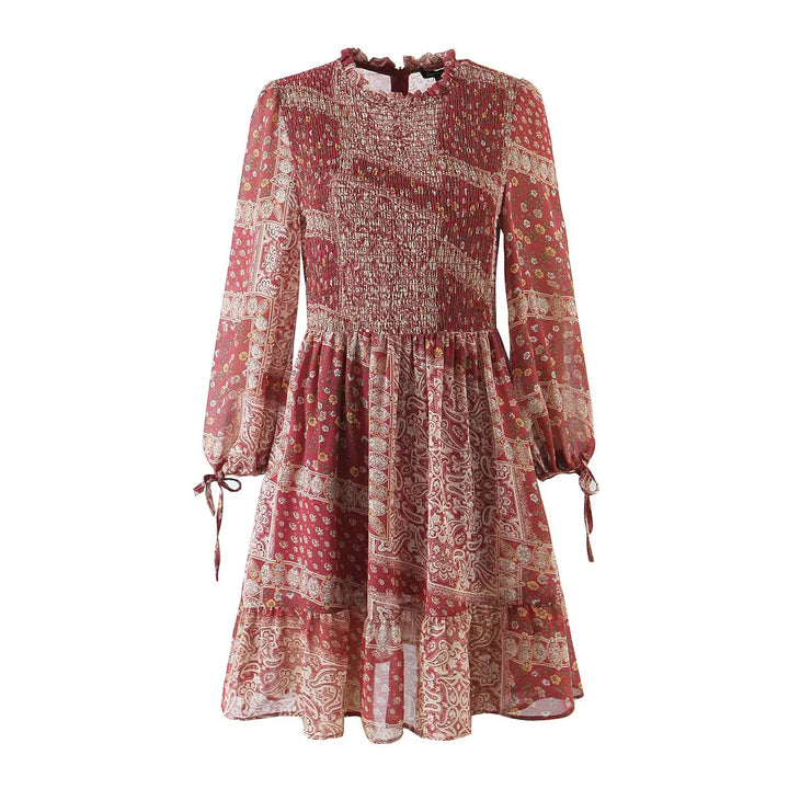 Damen nan geblümtes Boho Midi-Kleid mit Stufenrock und Rüschenkragen Echo Archiv